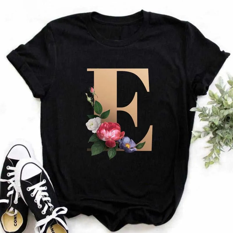 A B C D E English Alphabet T-Shirt | Women’s Harajuku Summer Casual Black Top