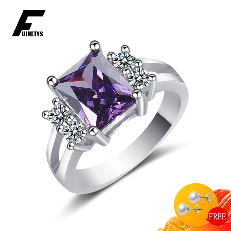 Fashion 925 Sterling Silver Rectangle Amethyst Zircon Gemstone Ring for Women – Wedding Engagement Party Jewelry