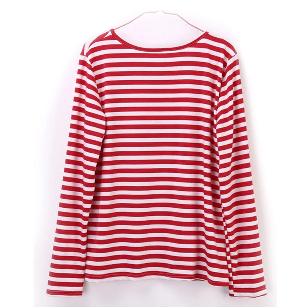 Dourbesty Women Red White Striped Long Sleeve T-Shirt | Loose Casual O-Neck Top | Autumn 2025 Pullover Tee