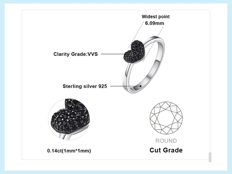JewelryPalace 925 Sterling Silver Heart Love Ring | Natural Black Spinel Promise Ring for Women | Cute Gemstone Jewelry