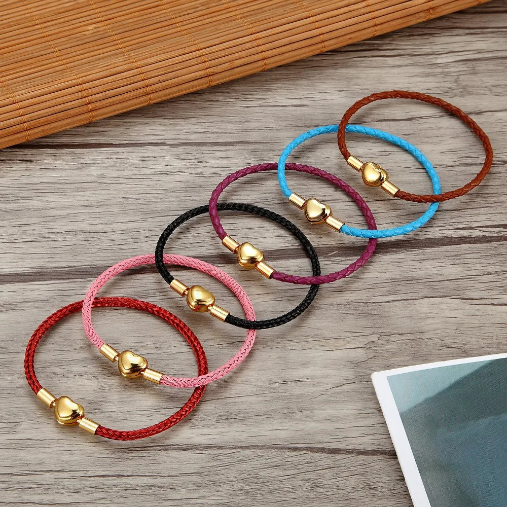 Fashion Women’s Gold-Plated Love Bracelet | Leather Chain with Stainless Steel Clasp, Fits Pandora Beads