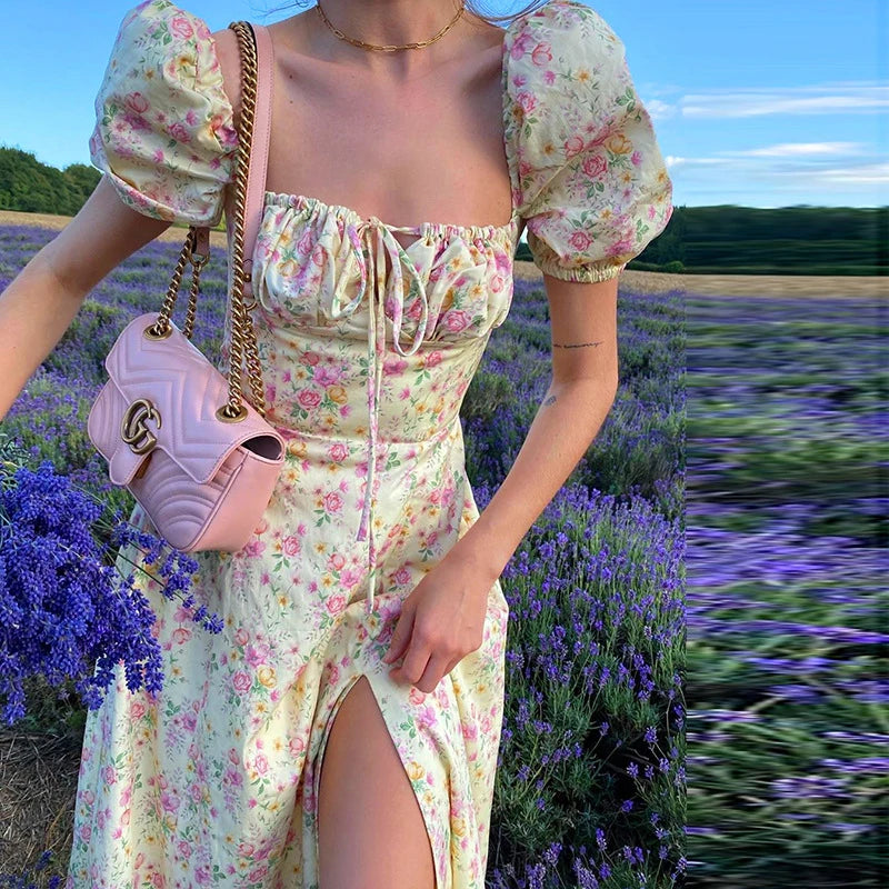Women Floral Print Split Dress – Sweet Puff Short Sleeve Square Collar Slim Fit Maxi Dress | Summer Holiday A-Line Dress