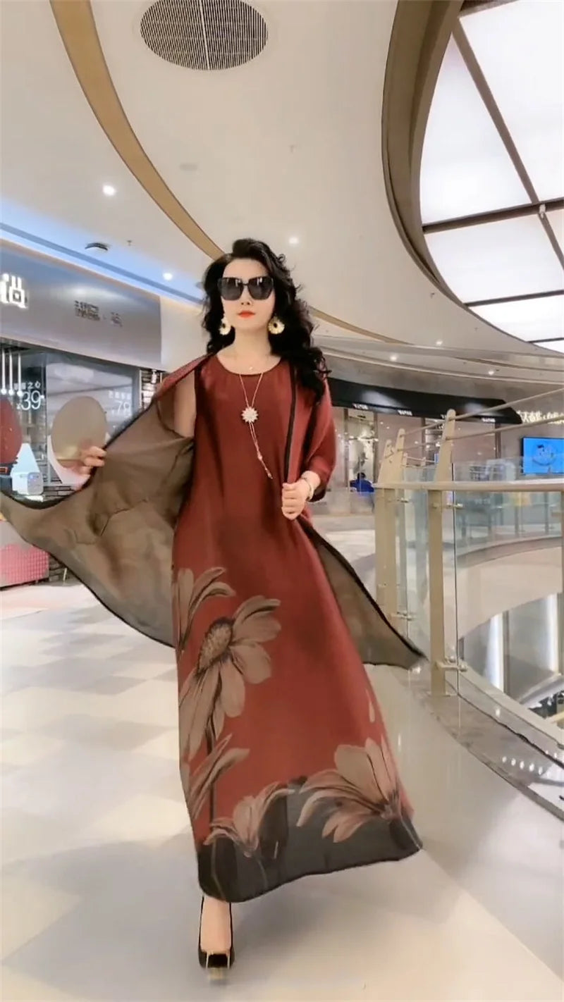 Middle-Aged Women’s Summer Dress Suit – Casual Two-Piece Printed Long Dress Set | Elegant Temperament Outfit