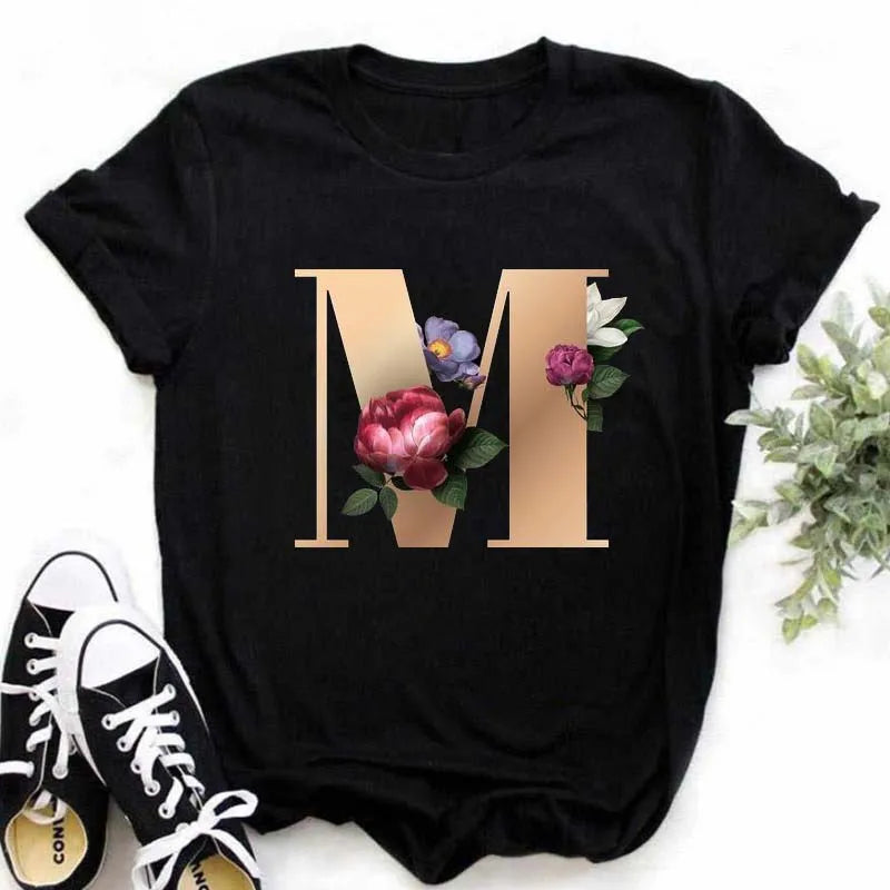 A B C D E English Alphabet T-Shirt | Women’s Harajuku Summer Casual Black Top