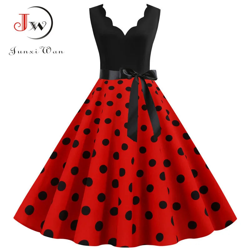 Women Retro 50s 60s Polka Dot Dress – Vintage Sleeveless V-Neck Bow Ball Gown Summer Party Sundress Vestidos