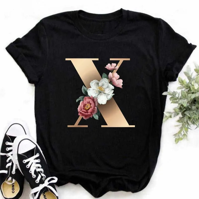 A B C D E English Alphabet T-Shirt | Women’s Harajuku Summer Casual Black Top
