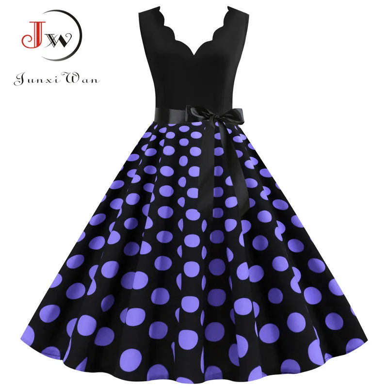 Women Retro 50s 60s Polka Dot Dress – Vintage Sleeveless V-Neck Bow Ball Gown Summer Party Sundress Vestidos