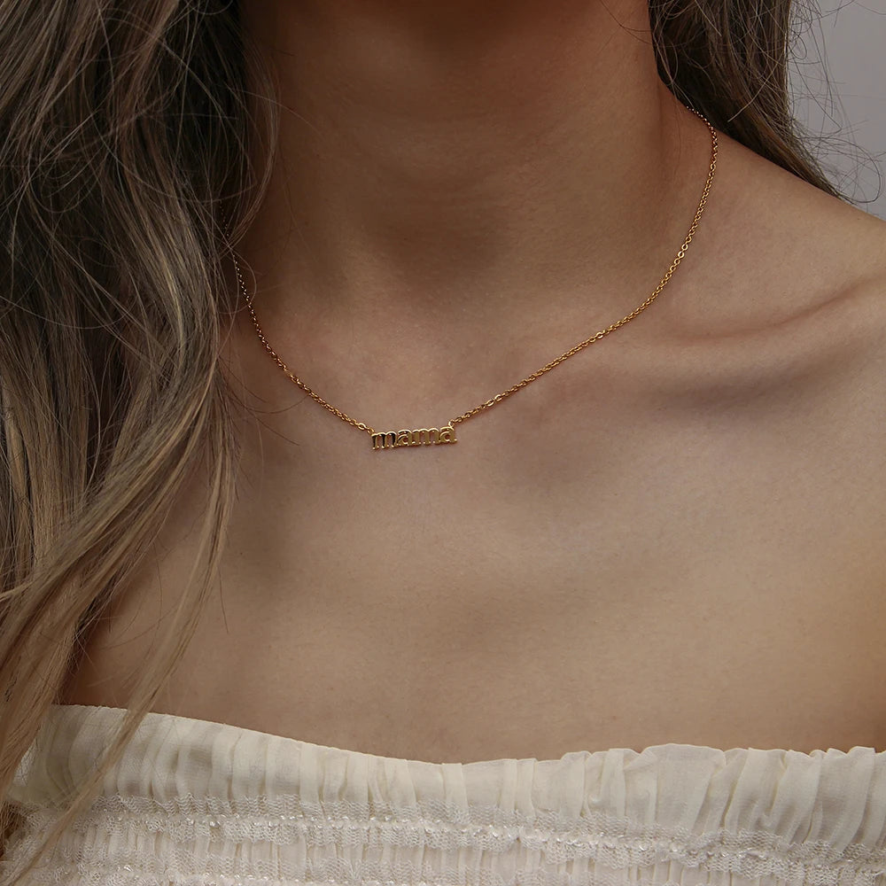 Best Gift for Mom – Tarnish Free 316L Stainless Steel Real Gold Plated Letter Pendant Necklace | Minimalist Gold Mama Necklace