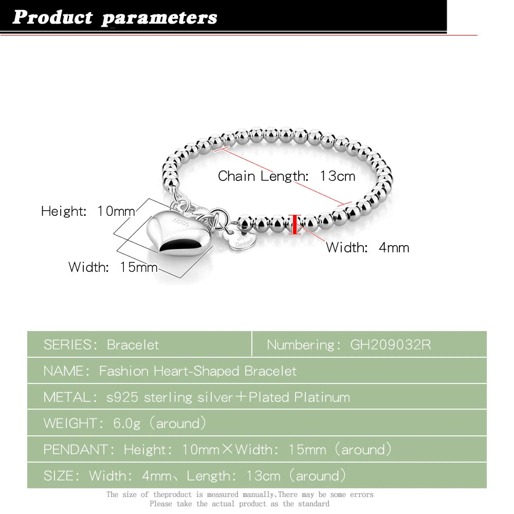High Quality 925 Sterling Silver Ball Bead Bracelet | Heart Bangle Chain for Women & Girls | Fashion Jewelry 15cm–20cm