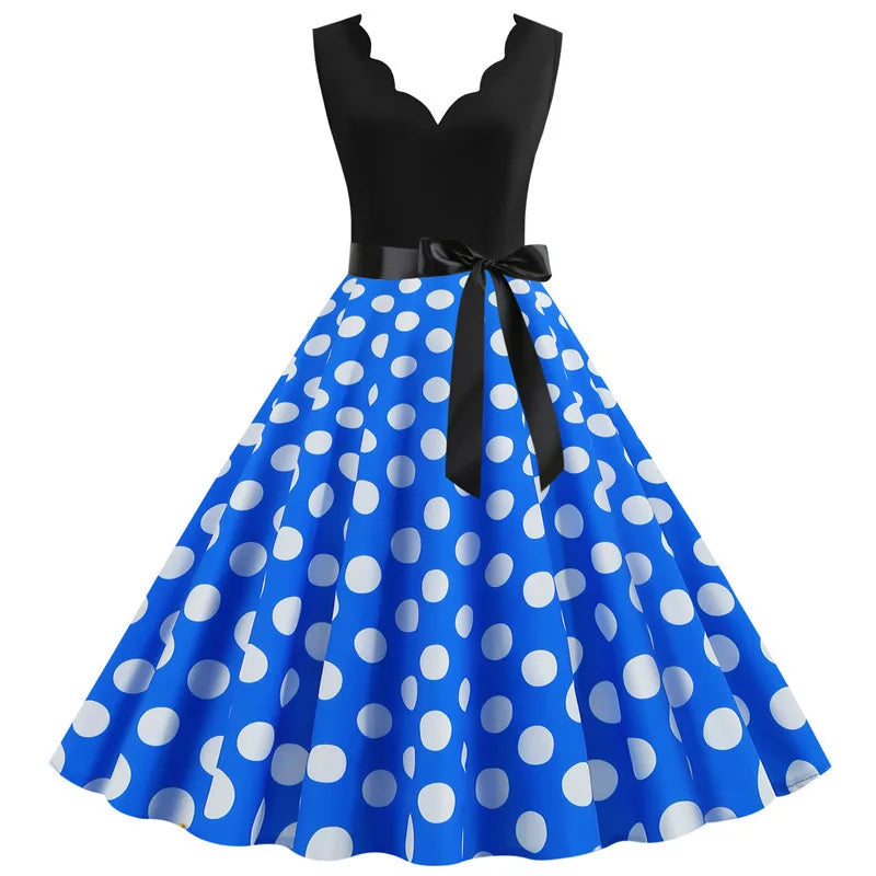Women Retro 50s 60s Polka Dot Dress – Vintage Sleeveless V-Neck Bow Ball Gown Summer Party Sundress Vestidos