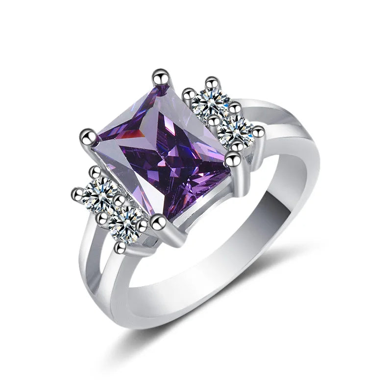 Fashion 925 Sterling Silver Rectangle Amethyst Zircon Gemstone Ring for Women – Wedding Engagement Party Jewelry