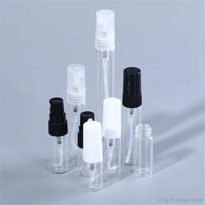 50/100PCS Mini Glass Perfume Bottles – 2ML/5ML/10ML Black & Clear | Portable Empty Cosmetic Sample Vials Wholesale