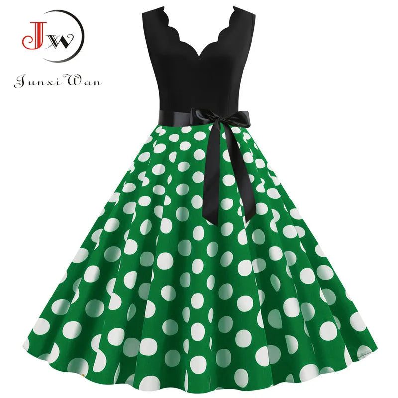Women Retro 50s 60s Polka Dot Dress – Vintage Sleeveless V-Neck Bow Ball Gown Summer Party Sundress Vestidos