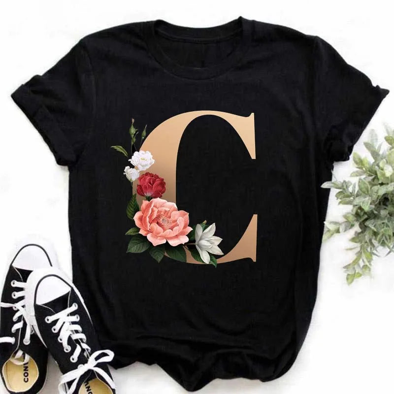 A B C D E English Alphabet T-Shirt | Women’s Harajuku Summer Casual Black Top