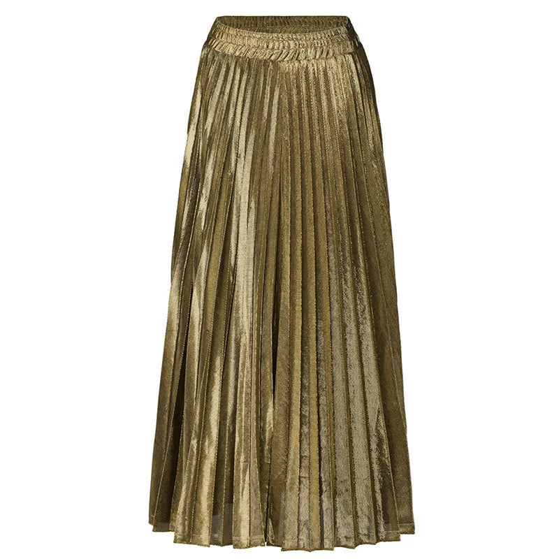 Women’s Check Pleated Maxi Skirt | High Waist Harajuku Long Swing Skirt | Gold Large Size Saias XXL