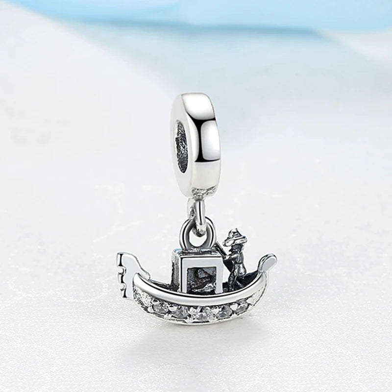 925 Sterling Silver Venice Gondola Boat Charm | Clear CZ Pendant Bead for Original Bracelet DIY Jewelry
