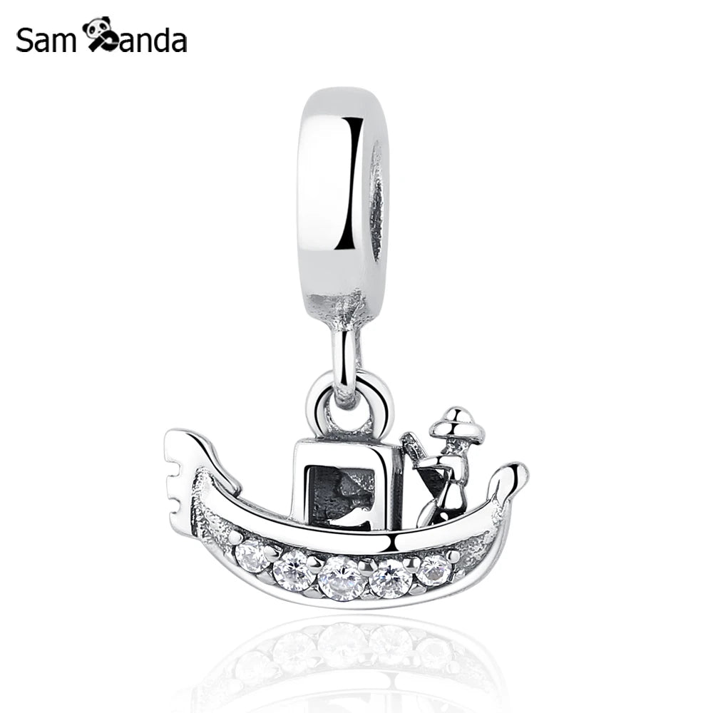 925 Sterling Silver Venice Gondola Boat Charm | Clear CZ Pendant Bead for Original Bracelet DIY Jewelry
