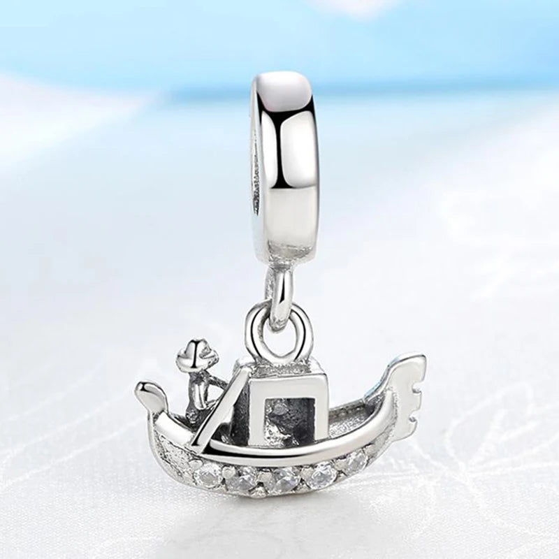 925 Sterling Silver Venice Gondola Boat Charm | Clear CZ Pendant Bead for Original Bracelet DIY Jewelry
