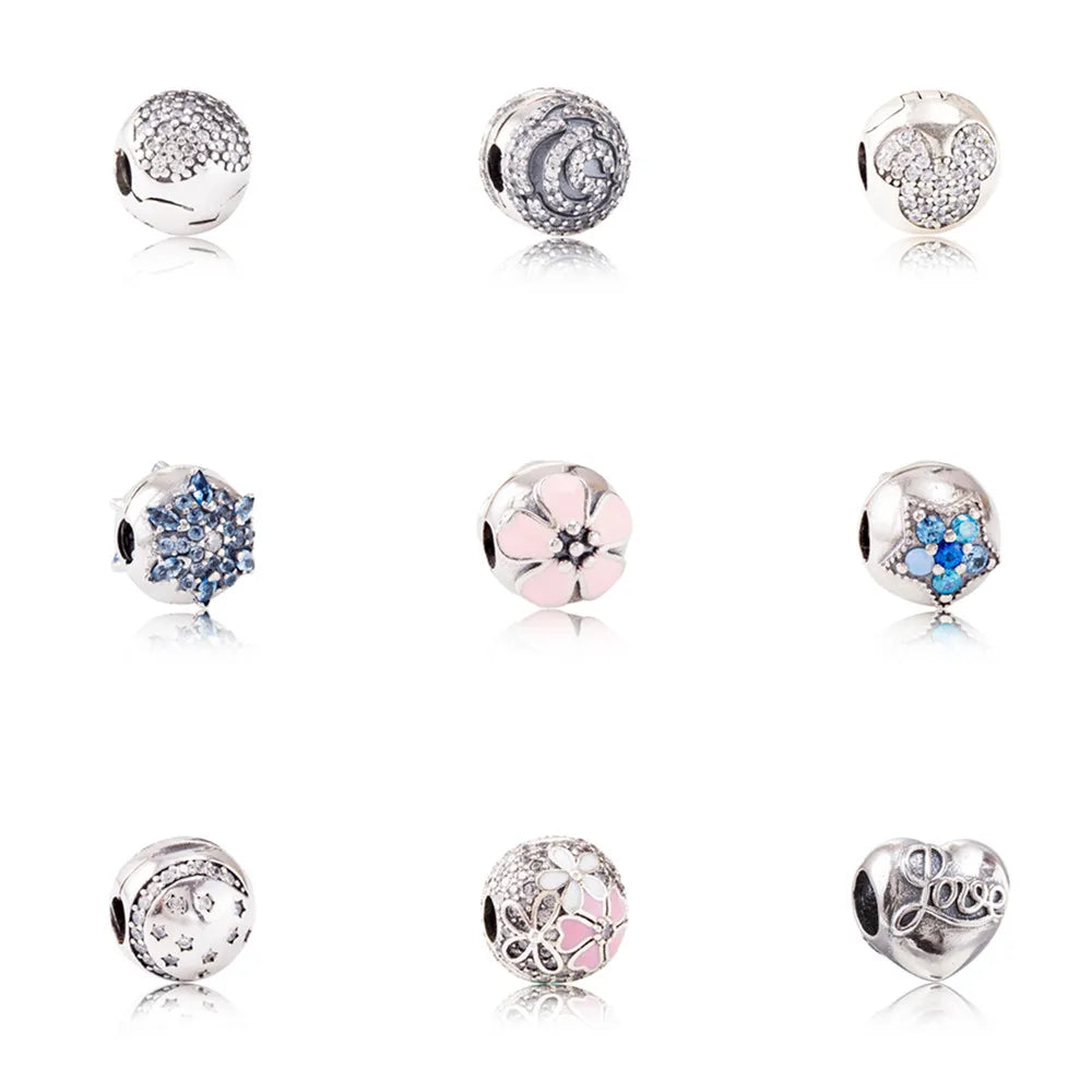 925 Sterling Silver Zirconia Heart Flower Enamel Lock Clip Stopper Beads Fit Pandora Bracelet