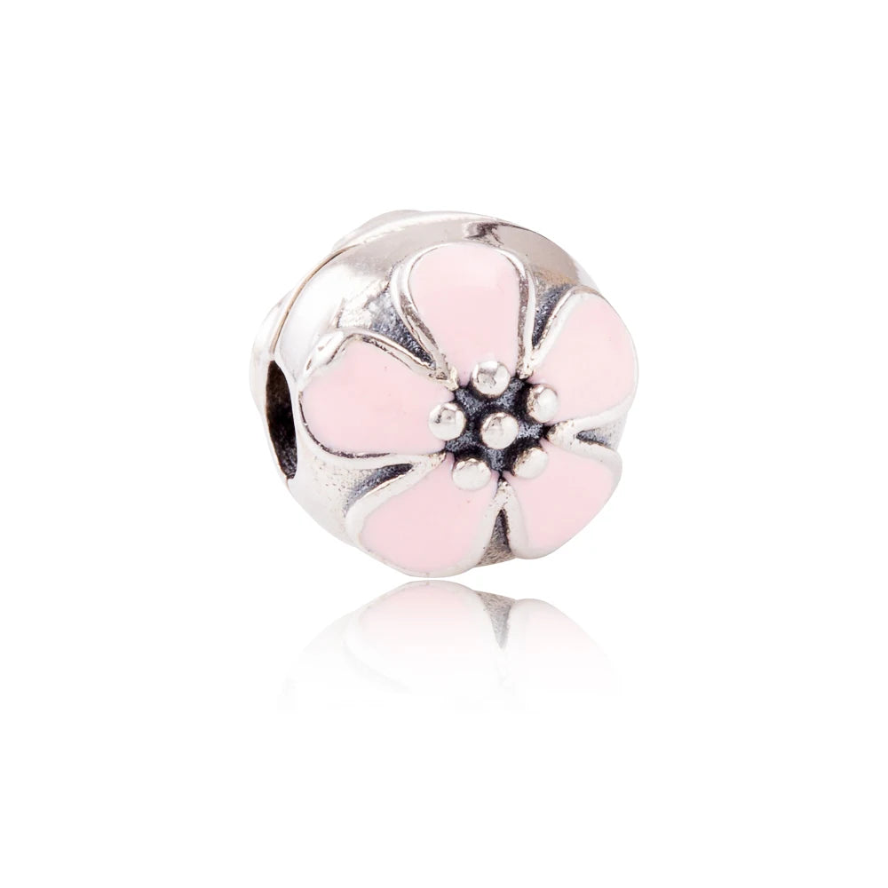 925 Sterling Silver Zirconia Heart Flower Enamel Lock Clip Stopper Beads Fit Pandora Bracelet
