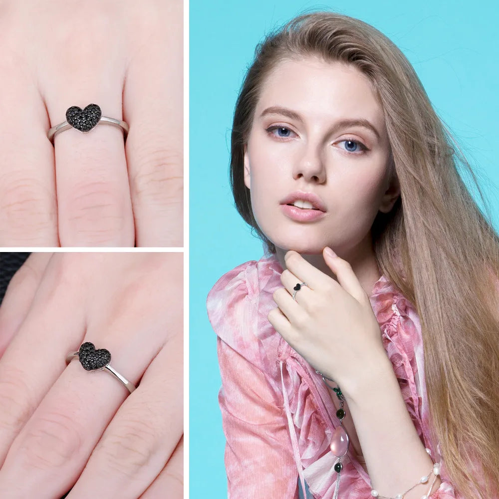 JewelryPalace 925 Sterling Silver Heart Love Ring | Natural Black Spinel Promise Ring for Women | Cute Gemstone Jewelry