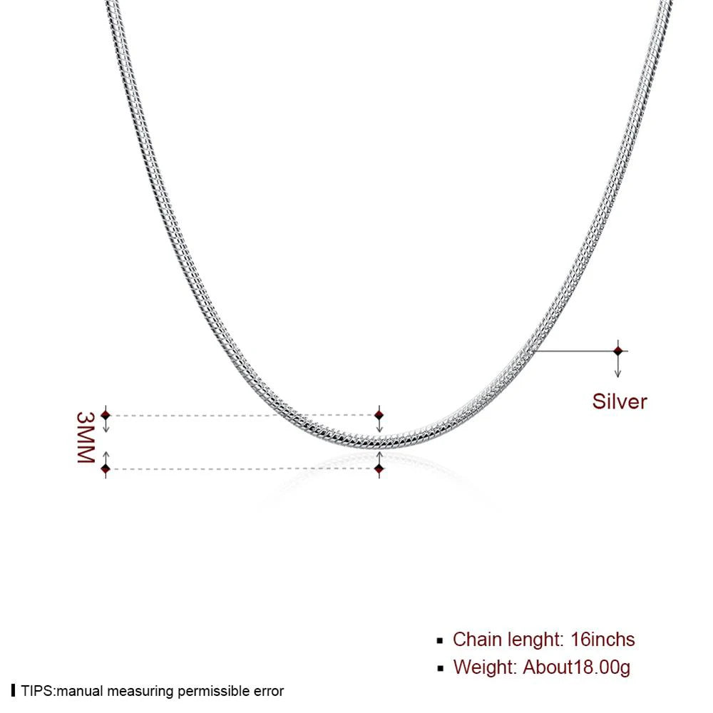 3mm Snake Chain Necklace 925 Sterling Silver Romantic Glam Europe Style Jewelry for Men & Women