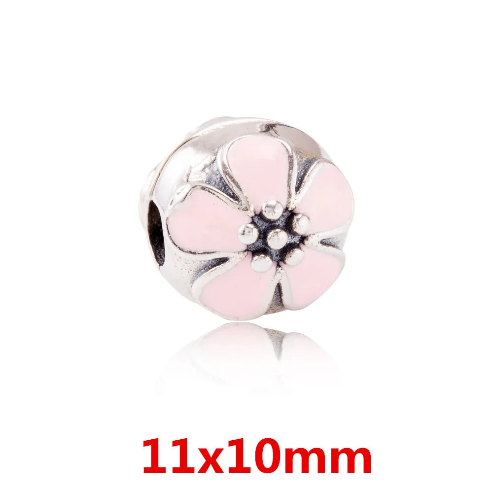 925 Sterling Silver Zirconia Heart Flower Enamel Lock Clip Stopper Beads Fit Pandora Bracelet