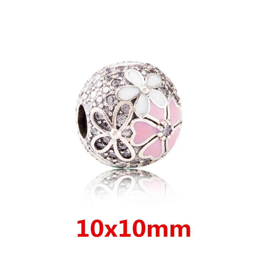 925 Sterling Silver Zirconia Heart Flower Enamel Lock Clip Stopper Beads Fit Pandora Bracelet