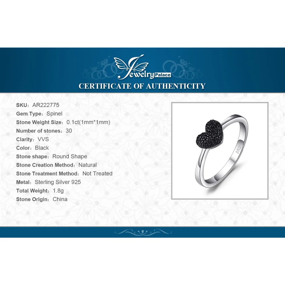 JewelryPalace 925 Sterling Silver Heart Love Ring | Natural Black Spinel Promise Ring for Women | Cute Gemstone Jewelry