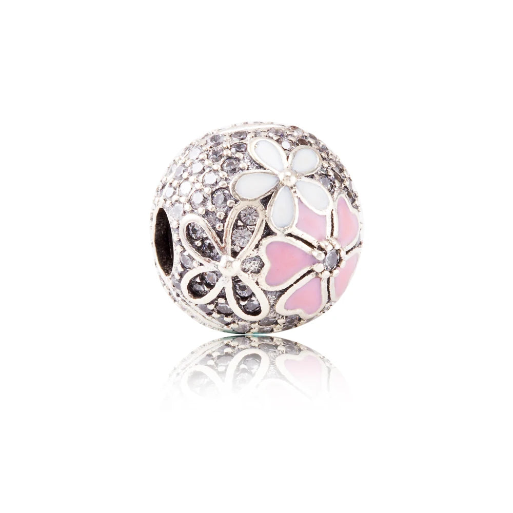 925 Sterling Silver Zirconia Heart Flower Enamel Lock Clip Stopper Beads Fit Pandora Bracelet