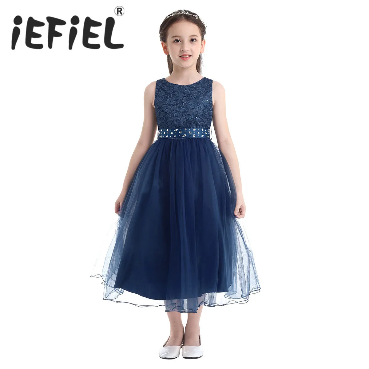 iEFiEL Elegant Sequined Toddler Flower Girl Dress – Lace Tulle Pageant, Wedding, Bridal, Bridesmaid Princess Dress