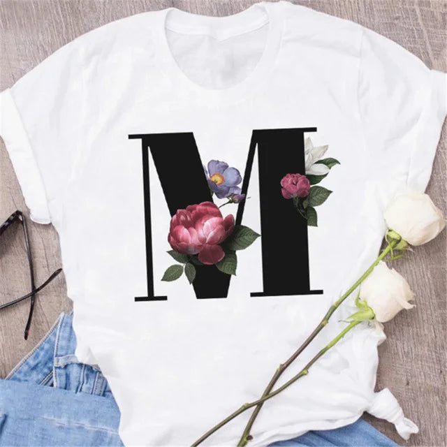 A B C D E English Alphabet T-Shirt | Women’s Harajuku Summer Casual Black Top
