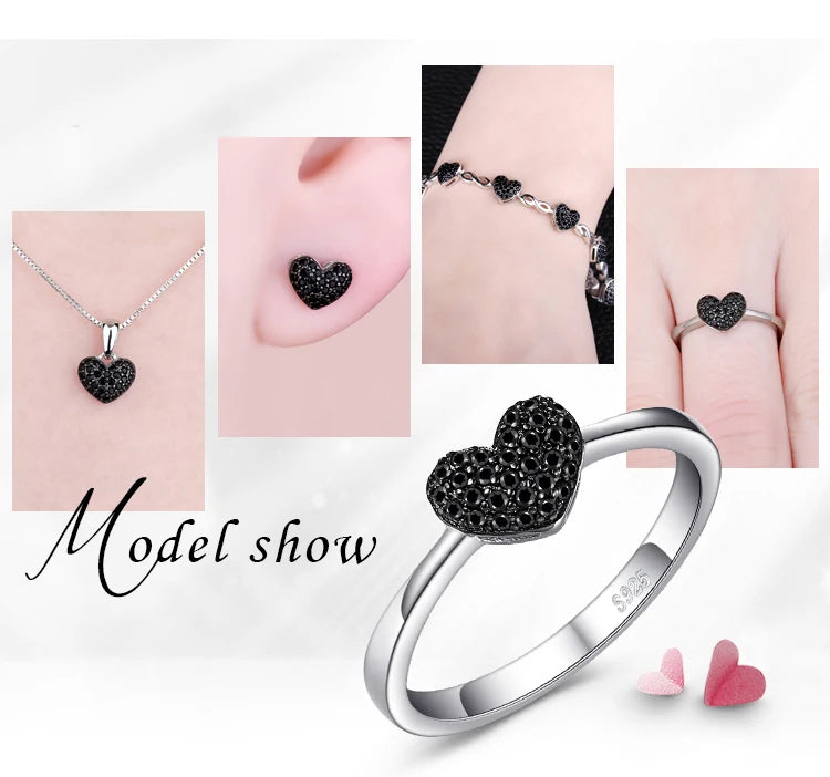 JewelryPalace 925 Sterling Silver Heart Love Ring | Natural Black Spinel Promise Ring for Women | Cute Gemstone Jewelry