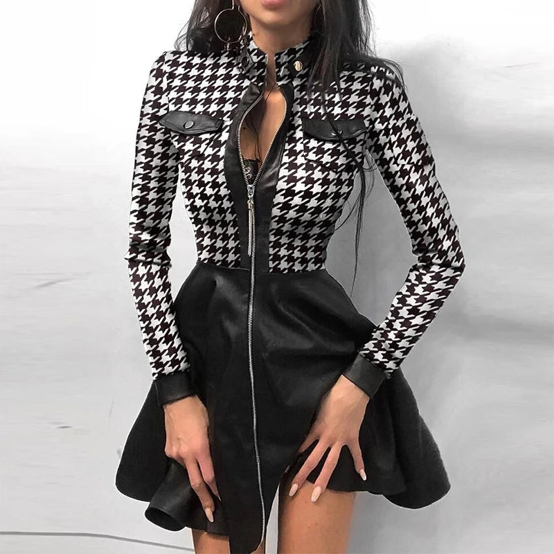 Zipper Pocket PU Leather Dress for Women – Sexy Lace Mesh Sleeve Patchwork Mini Party Dress | Winter Elegant Stand Neck Button Dress