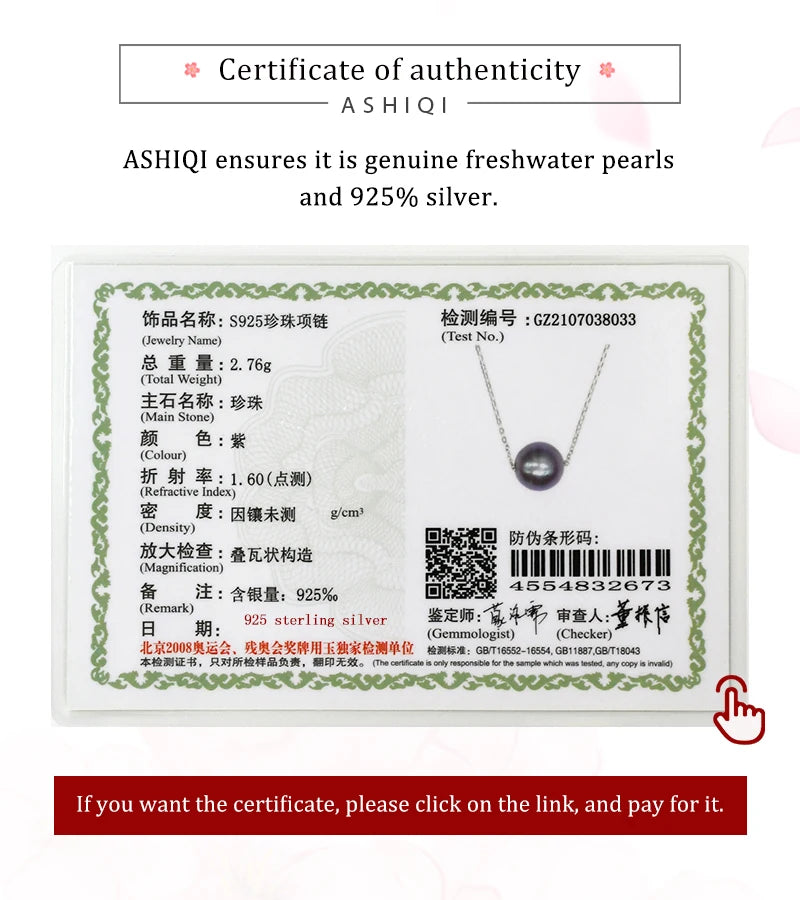 ASHIQI Genuine Natural Purple Pearl Pendant Necklace – 925 Sterling Silver Elegant Jewelry Gift for Women