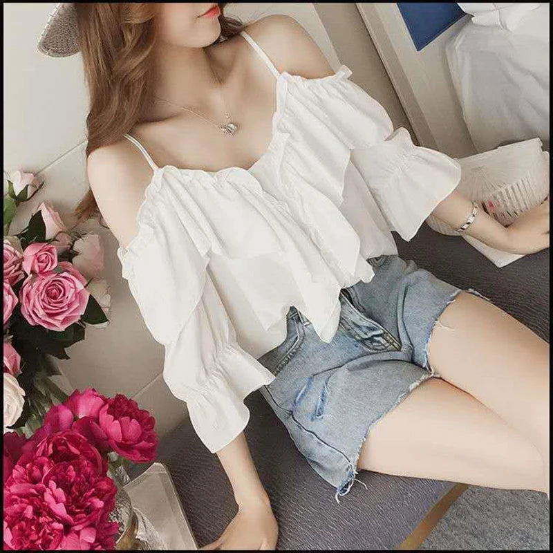 Women’s Ruffle Youth Elegant Chiffon Blouse – Low Cut Summer Fashion Top 👚☀️