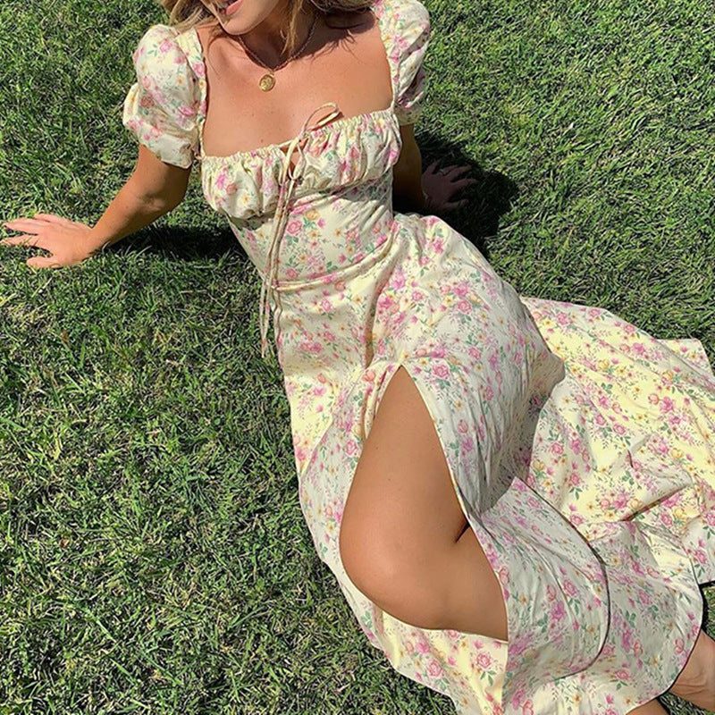 Women Floral Print Split Dress – Sweet Puff Short Sleeve Square Collar Slim Fit Maxi Dress | Summer Holiday A-Line Dress