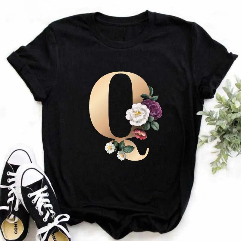 A B C D E English Alphabet T-Shirt | Women’s Harajuku Summer Casual Black Top