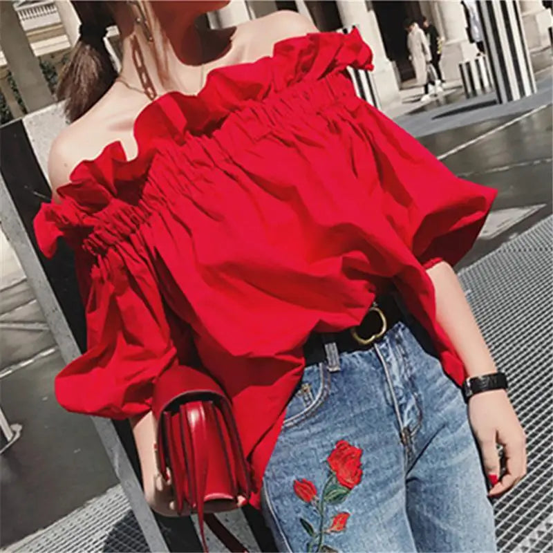 Women’s Korean Ruffles Off-Shoulder Tee – Red Chiffon Puffy Sleeve Oversize Top 👚✨