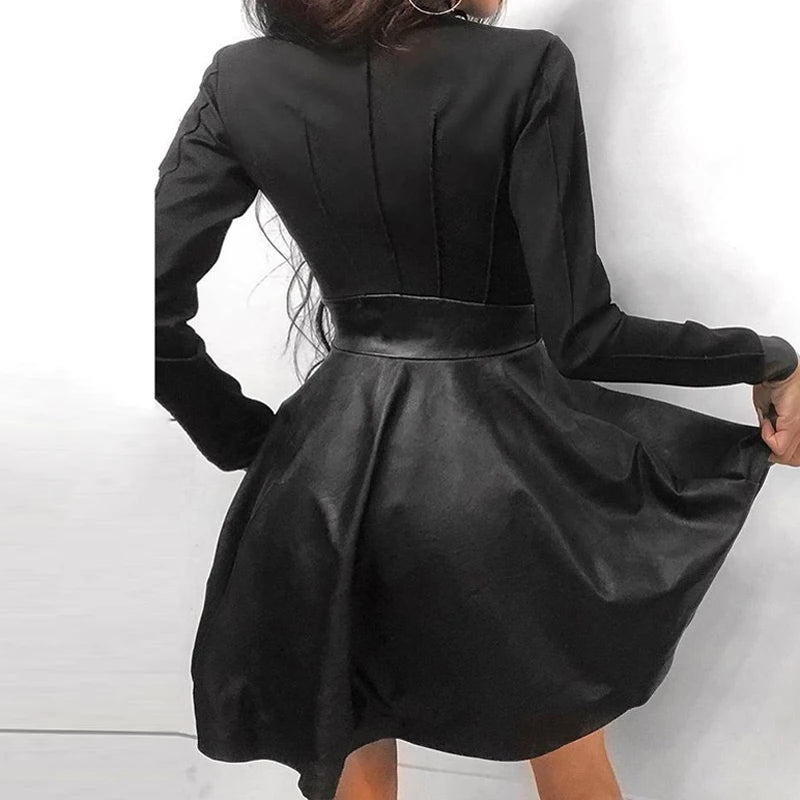 Zipper Pocket PU Leather Dress for Women – Sexy Lace Mesh Sleeve Patchwork Mini Party Dress | Winter Elegant Stand Neck Button Dress