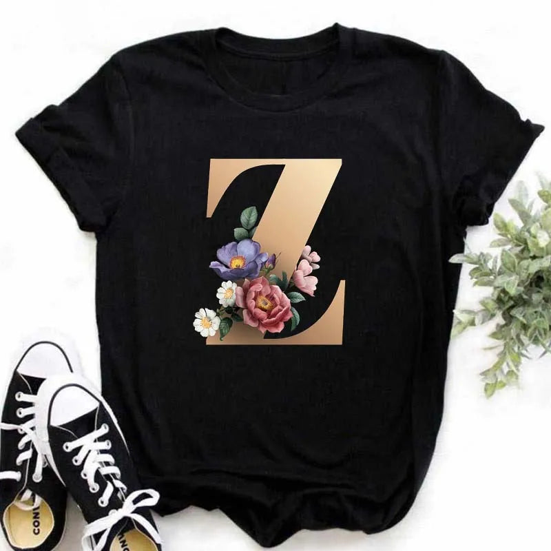 A B C D E English Alphabet T-Shirt | Women’s Harajuku Summer Casual Black Top