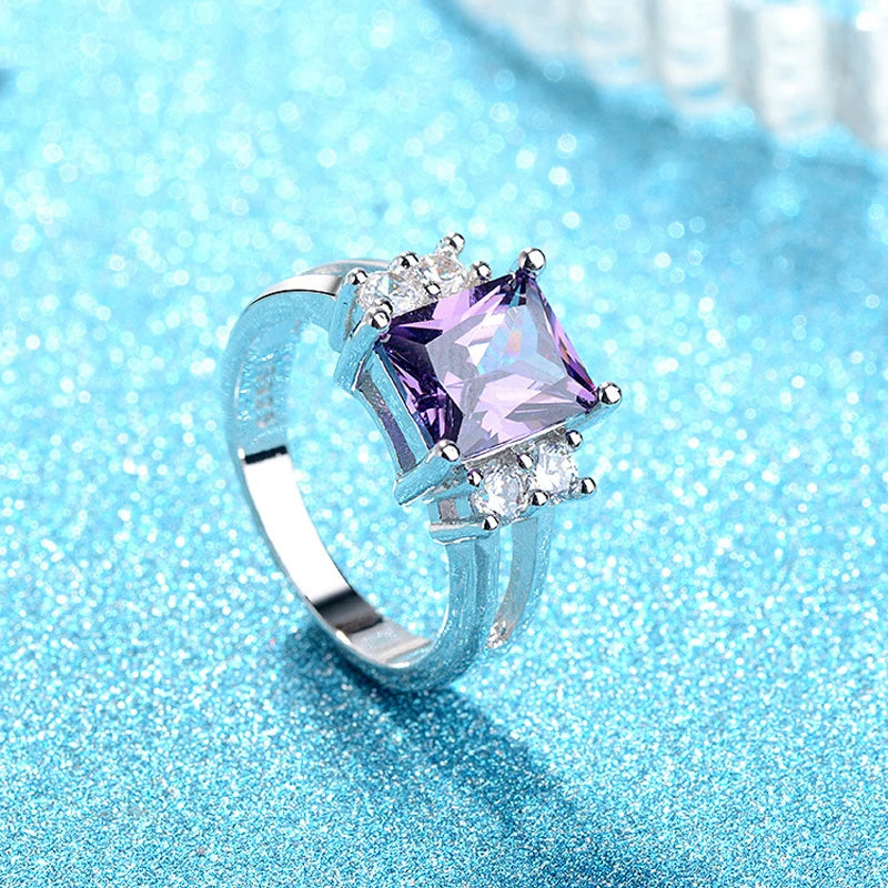 Fashion 925 Sterling Silver Rectangle Amethyst Zircon Gemstone Ring for Women – Wedding Engagement Party Jewelry