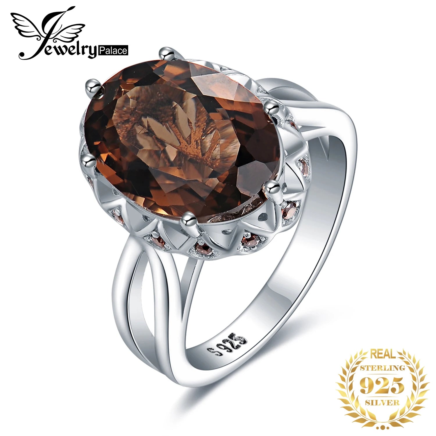 JewelryPalace 5.7ct Oval Smoky Quartz 925 Sterling Silver Statement Ring for Women