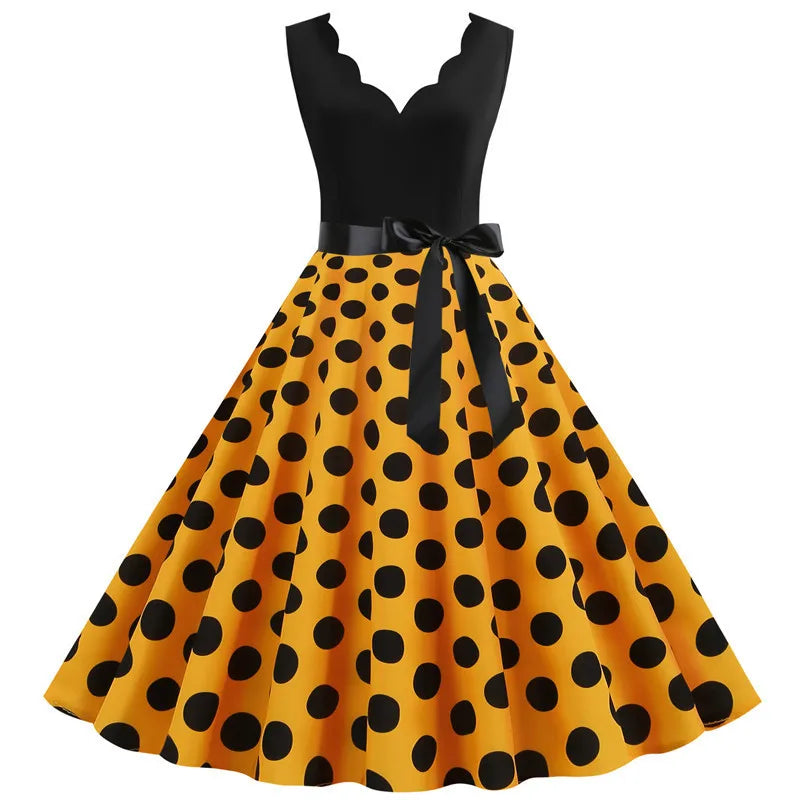 Women Retro 50s 60s Polka Dot Dress – Vintage Sleeveless V-Neck Bow Ball Gown Summer Party Sundress Vestidos