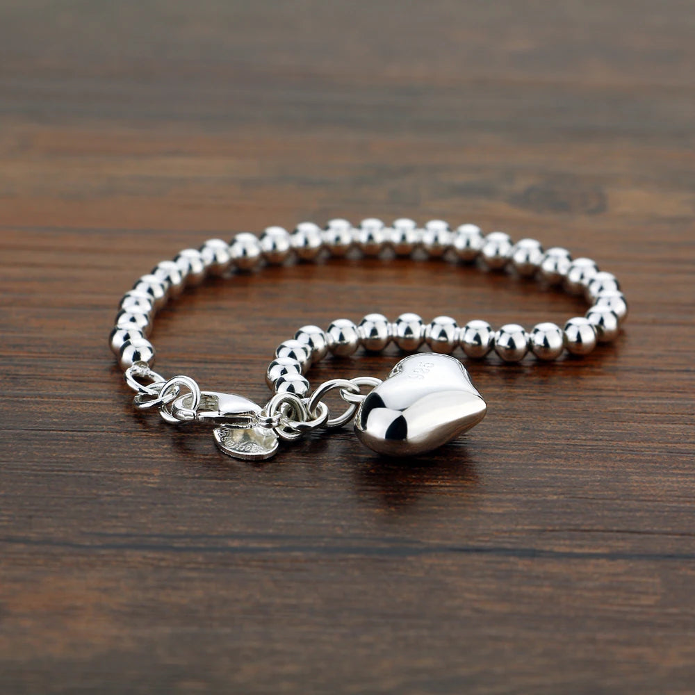 High Quality 925 Sterling Silver Ball Bead Bracelet | Heart Bangle Chain for Women & Girls | Fashion Jewelry 15cm–20cm