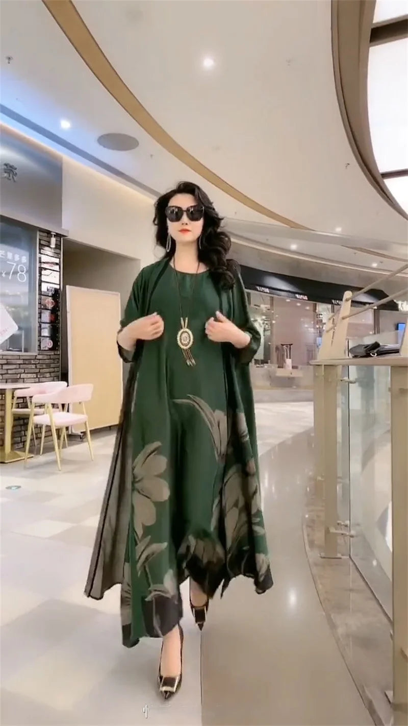 Middle-Aged Women’s Summer Dress Suit – Casual Two-Piece Printed Long Dress Set | Elegant Temperament Outfit