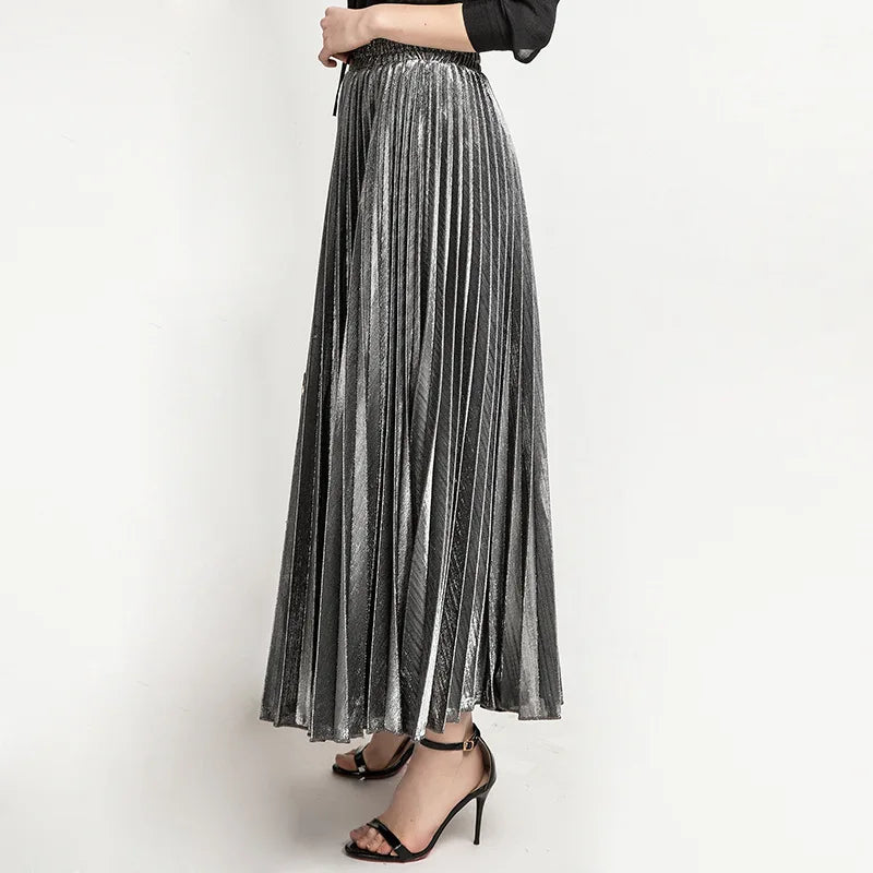 Women’s Check Pleated Maxi Skirt | High Waist Harajuku Long Swing Skirt | Gold Large Size Saias XXL