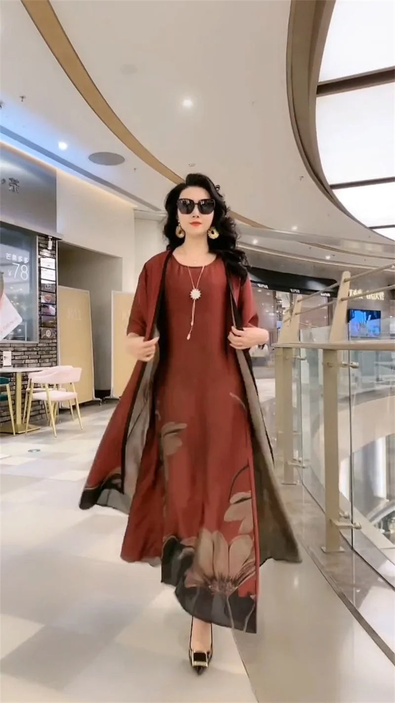 Middle-Aged Women’s Summer Dress Suit – Casual Two-Piece Printed Long Dress Set | Elegant Temperament Outfit