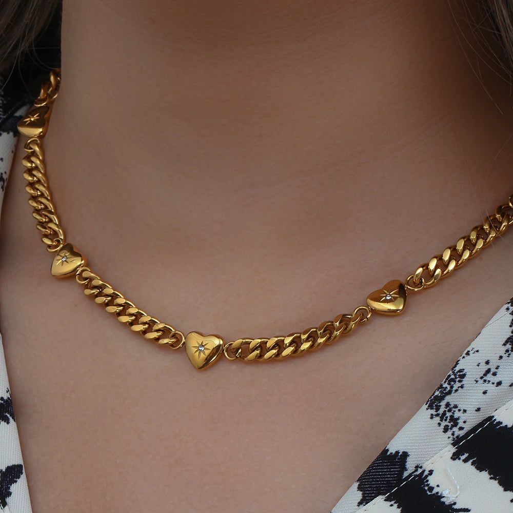 18K Gold Plated Stainless Steel Ocean Heart Cuban Chain Bracelet for Women – Zircon Paved Bangle