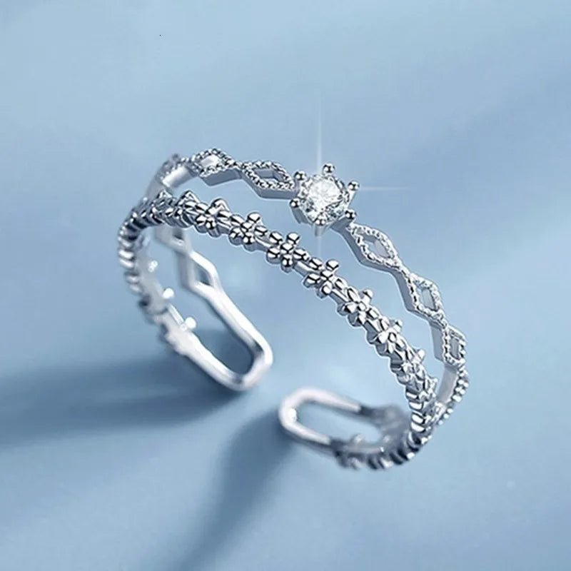VENTFILLE 925 Sterling Silver Flower Lace Ring – Adjustable CZ Korean Fashion Jewelry